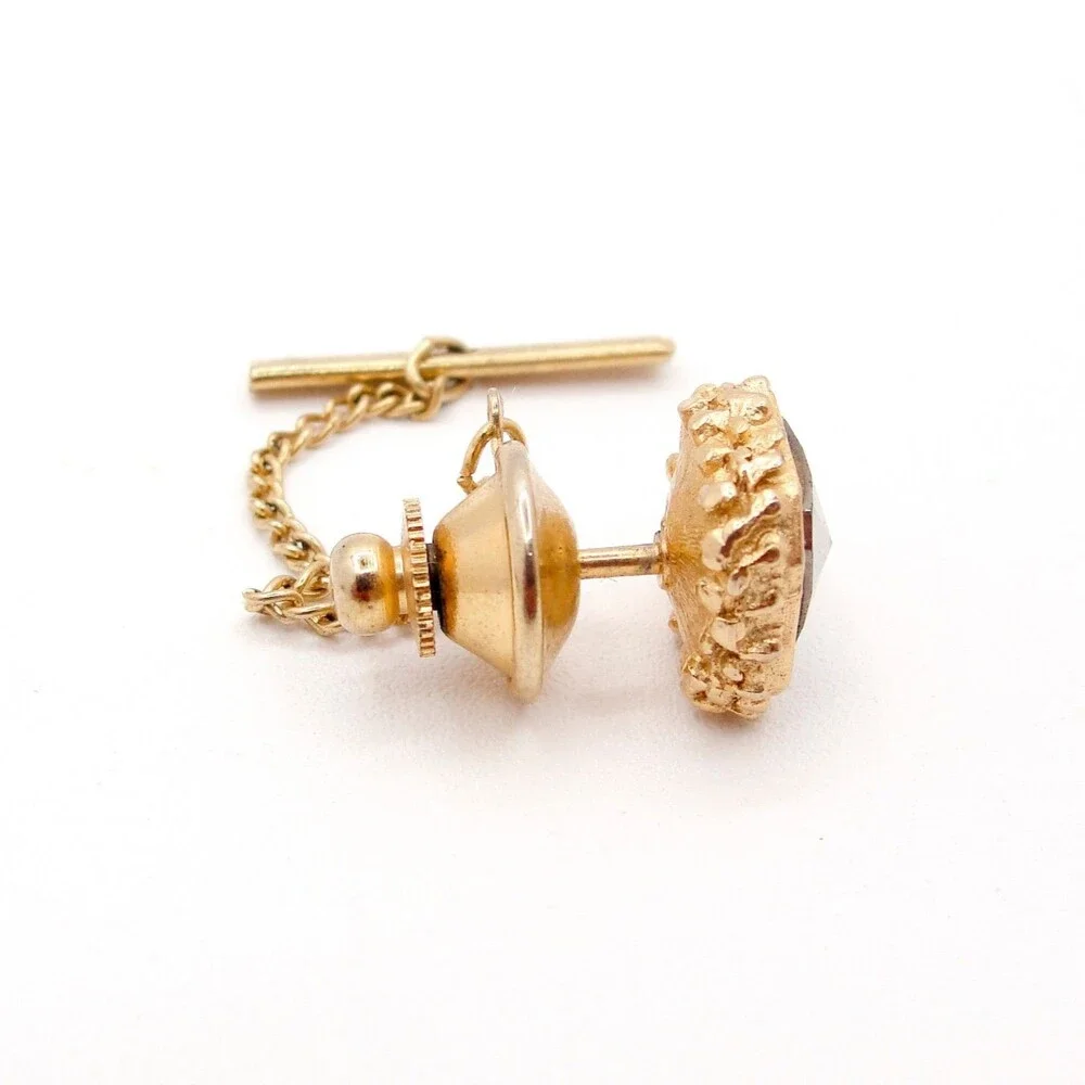 Vintage Gold Tone Square Smoky Crystal Rhinestone Tie Tac Pin Chain Wedding